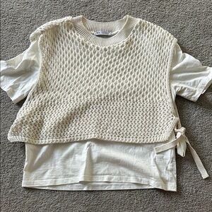 Zara White and Cream Short Sleeve Tee with Knit Overlay